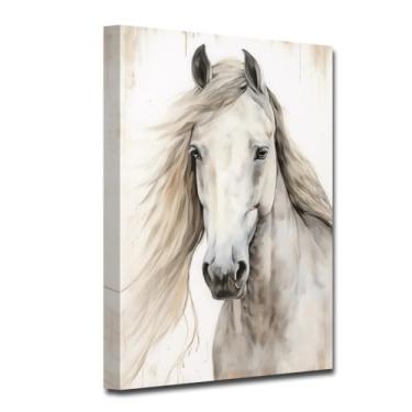 Imagem de Arte de parede em tela animal, pinturas de cabeça de cavalo, imagens de retrato de cavalo branco de fazenda, decoração de sala de estar emoldurada (arte de cavalo - 60 x 90 cm)