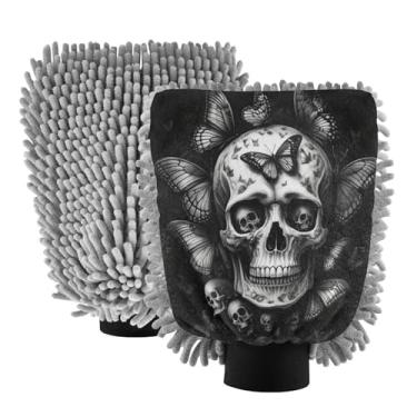 Imagem de STAYTOP Luvas de lavagem de carro de caveira fofas, 2 peças, luvas de microfibra de chenille, sem arranhões, panos de esponja de lavagem ultra absorventes para carros, limpeza doméstica - M