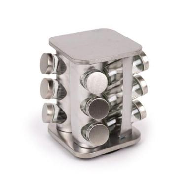 Imagem de Porta Condimentos e Temperos Giratório, 12 Potes, Aço Inox e Vidro