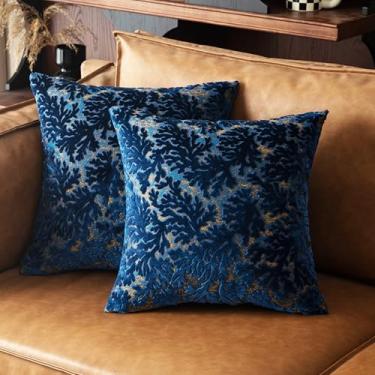 Imagem de Capas de almofada de veludo 50 x 50 cm - estampa coral dupla face texturizada azul marinho com bordado dourado, capas de almofada decorativas decorativas de luxo vintage para sofá, cama, cadeira