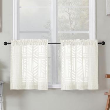 Imagem de Simplebrand Cortinas de cozinha transparente marfim 61 cm de comprimento 2 painéis, cortina de janela curta semitransparente com filtro de luz geométrica jacquard texturizado para banheiro, 76 x 61 cm
