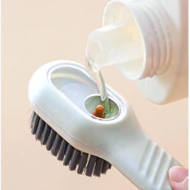 Imagem de Escova de enxada com suporte de líquido – Escova de limpeza multifuncional, cerdas macias de cabo longo, ferramenta de limpeza de sapatos para tênis, botas e lavagem diária, Branco