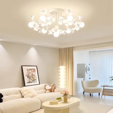 Imagem de Luminária de teto retrô para quarto, soquete E27, com bola de cristal, design de fogos de artifício, dente-de-leão, estilo Sputnik, em metal, estilo medieval com pétalas brancas (7 lâmpadas)