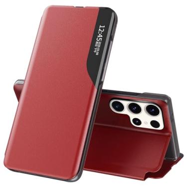 Imagem de Capa S22 Ultra Flip para Samsung Galaxy S22 Ultra 5G, capa de couro slim fit transparente para Samsung S22 Ultra capa de telefone com suporte, resistente, resistente à prova de choque (vermelho)