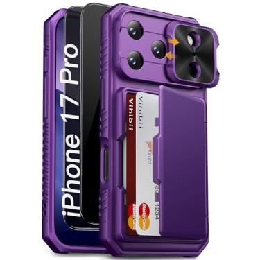Imagem de Vihibii Capa para iPhone 17 Pro com [2 protetores de tela de privacidade], suporte de cartão embutido (4 cartões), [bloqueio RFID] e capa de lente deslizante e películas de vidro temperado, capa