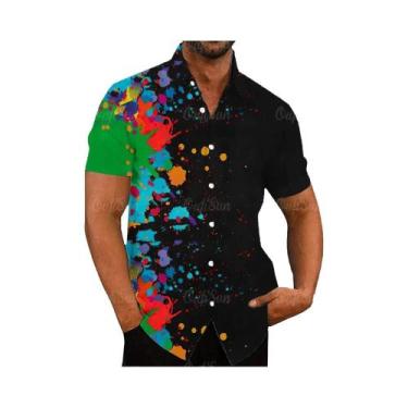 Imagem de Camisa Casual Vintage Havaiana Masculina Com Estampa Floral Arco-Íris 