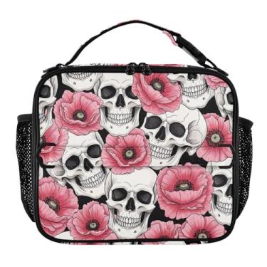 Imagem de Joisal Lancheira com caveiras brancas flores rosa para mulheres, meninas, lancheira masculina e infantil, lancheira para trabalho, bolsa térmica para alimentos portátil para escola
