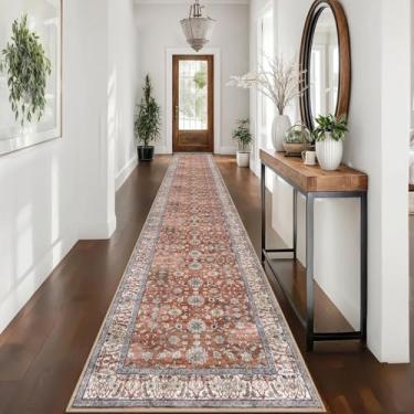 Imagem de KUTA Tapete de corredor longo lavável vintage, 6 x 40 cm de terracota, antiderrapante, tapete de cozinha, ultrafino, macio, estampado, oriental, desgastado, floral, tapete para lavanderia, quarto