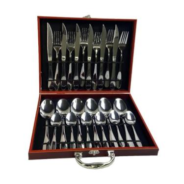 Imagem de Conjunto de Talheres 24 Peças em Aço Inoxidável com Maleta Marrom, Acabamento Espelhado, Inclui Facas, Garfos, Colheres de Mesa e Sobremesa