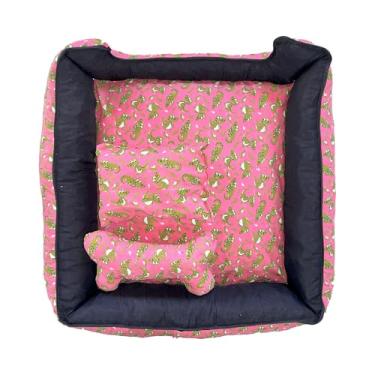 Imagem de Cama Pet Onix Extra Grande Quadrada Impermeável, Tecido Tricoline 100% Algodão, Azul com Estampa de Balões e Nuvens, 70x70x15 cm, com Almofada e Almofada Ossinho (Dino Rosa)