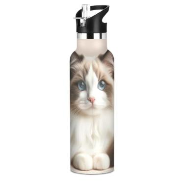 Imagem de Joisal Garrafas de água Ragdoll Cat Kids com tampa de palha, garrafa de água isolada de aço inoxidável, à prova de vazamento, parede dupla, copos infantis para escola, viagens, esportes, 590 ml