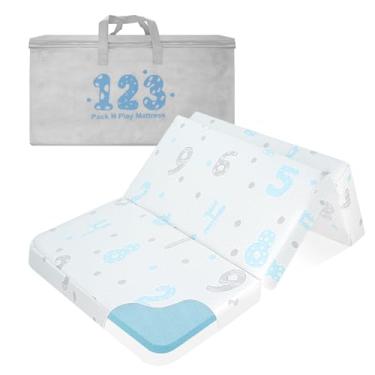 Imagem de voomf Colchão com três dobras Pack and Play - Colchões de espuma viscoelástica de dupla face 96,5 x 66 cm - Colchão dobrável portátil para berço de viagem com capa removível respirável