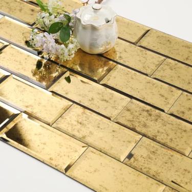 Imagem de Diflart Azulejo espelhado para descascar e colar, dourado com veias antigas claras, 8 x 15 cm, espelho chanfrado quadrado Backsplash Bar azulejo de parede (5 pés quadrados, 40 peças)