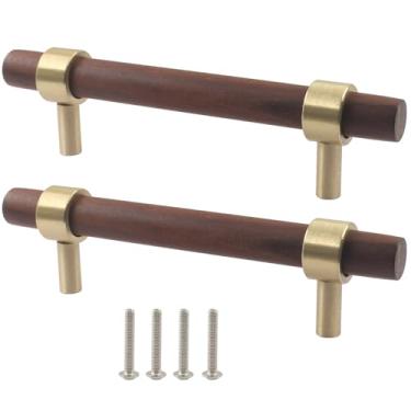 Imagem de Piutouyar Puxadores de armário de nogueira, puxadores de gaveta de madeira central de 96 mm/3-3/10.2 cm, puxadores de madeira com parafusos, puxadores de cômoda de latão para cozinha, armário, gaveta