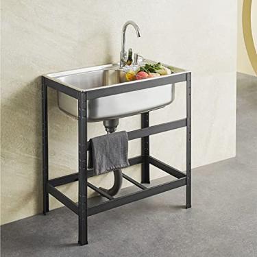 Imagem de Pia de aço inoxidável 304 independente, conjunto de pia de cozinha de restaurante comercial, com torneira e drenagem, com prateleira de armazenamento, banheira de lavanderia para quintal de garagem