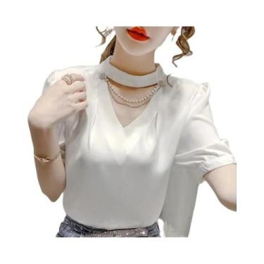 Imagem de Blusa Feminina Casual De Verão Com Manga Bufante, Gola O, Lisa E Detal