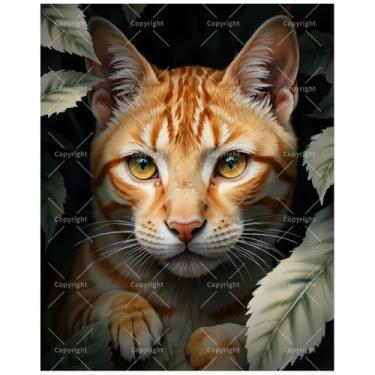 Imagem de TAOPAOLAB Kit de pintura de gato tigre por números para adultos - DIY laranja malhado em folhas pintura em tela 40 x 50 cm, conjunto de tinta acrílica, adequado para iniciantes, arte animal para