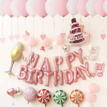 Imagem de Kit de balões de feliz aniversário, 122 unidades de balões rosa de látex alumínio
