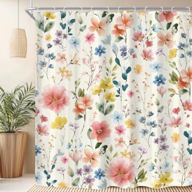 Imagem de Riyidecor Linda cortina de chuveiro floral para decoração de banheiro 72Lx84H extralonga vintage boho colorido flores silvestres folhas planta arte botânica tecido impresso poliéster impermeável