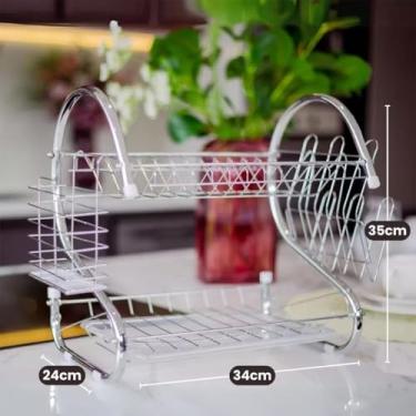 Imagem de Escorredor de Pratos de Aço Inoxidável, 2 Níveis, 34x24x35cm, com Suporte para Talheres