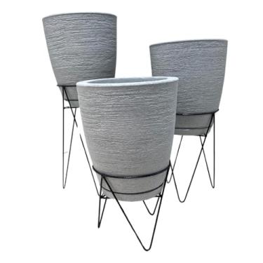 Imagem de Vaso Floreira Kit 3 Vasos Escovados Coluna Bojo Decorativos Planta Flor Jardim Sala + Suporte Tripé De Ferro(Cinza)