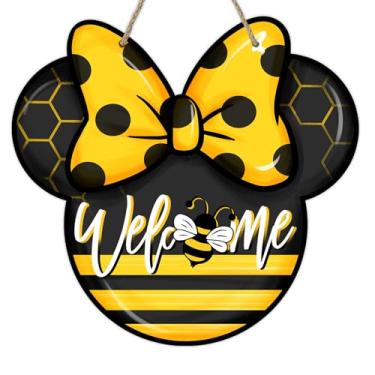 Imagem de Limmoz Placa de boas-vindas primavera verão para decoração de porta da frente, cabide de porta de madeira amarelo e preto para varanda externa, laço de bolinhas, guirlanda de madeira sazonal