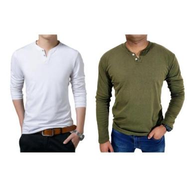 Imagem de Kit 2 Camiseta Henley Masculina Slim Fit 2 Botões Algodão Canelado - J