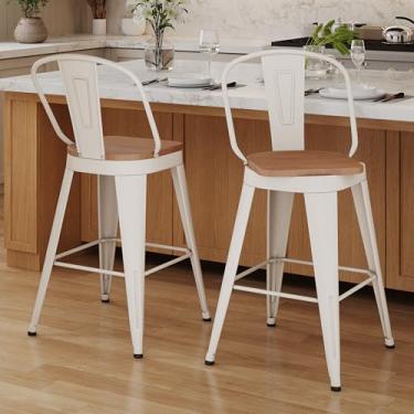 Imagem de Aklaus Banquetas giratórias de metal com 76 cm de altura, conjunto de 2 cadeiras de bar modernas de fazenda com encosto alto e grande assento de madeira para cozinha, ilha, sala de jantar, branco