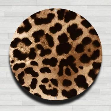 Imagem de Placa de parede redonda de metal de alumínio rústico com estampa de leopardo texturizada, 20 cm, presentes e decoração para casa, escritório, café e quintal