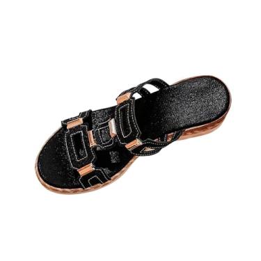 Imagem de Sandálias femininas de bico redondo com bico aberto para uso casual versátil com design de um pé, Preto, 34