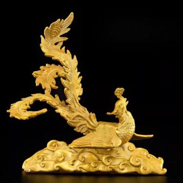 Imagem de FENNYYAR Ornamento de mascote de fênix de latão, 15 cm, sala de estar, escritório, decoração de mesa artesanal