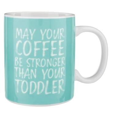 Imagem de P. Graham Dunn Coleção Love Mom Caneca de café de porcelana branca de 425 g – Que seu café seja mais forte do que seu filho com letras estilo giz azul-petróleo