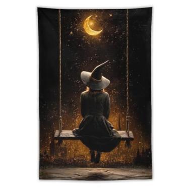Imagem de Tapeçaria mágica de Halloween bruxa no balanço lua crescente dourada céu estrelado decoração de parede sala de estar quarto decoração de casa exclusivo pendurado têxtil 102 x 152 cm tapeçaria