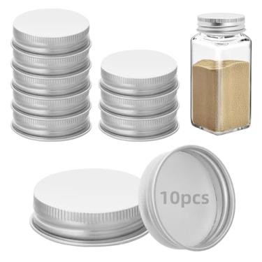 Imagem de 10 tampas de potes de ferro para potes quadrados de 113 g e 170 g reutilizáveis latas herméticas de armazenamento de especiarias para cozinha de vedação agradável (prata)