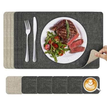 Imagem de KitchenBoss Jogo americano e conjunto de 6 bases para copos, tapetes de mesa de jantar antiderrapantes, impermeáveis, resistentes ao calor, tapetes dupla-face para mesas de jantar e mesas de jantar