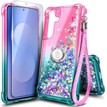Imagem de Capa NGB projetada para Samsung Galaxy S25-FE, rosa/aqua | Capa fofa com glitter líquido brilhante para mulheres e crianças | com protetor de tela, suporte de anel e cordão de pulso