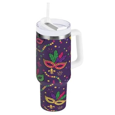 Imagem de Blueangle Copo isolado de máscara de carnaval de 850 g com alça e tampa de palha, caneca de viagem reutilizável de aço inoxidável (993)