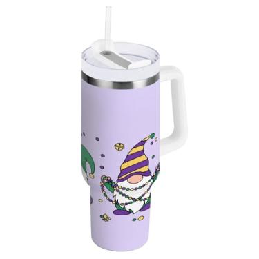 Imagem de Blueangle Copo isolado de gnomo Mardi Gras de 850 g com alça e tampa de palha, caneca de viagem reutilizável de aço inoxidável (657)