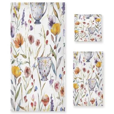 Imagem de xigua Xícaras de chá e flores conjunto de toalhas de banheiro absorvente macio 3 peças toalha de banho toalha de mão toalhas decorativas para banheiro, academia, hotel, praia, piscina