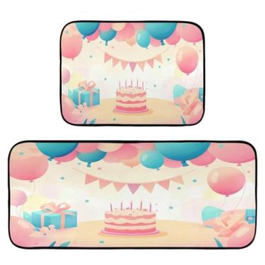Imagem de xigua Conjunto de 2 peças de tapetes e tapetes de cozinha de fundo de feliz aniversário absorventes macios para chão tapete de cozinha antiderrapante conjunto de capacho de cozinha, 50 x 120 cm + 50 x