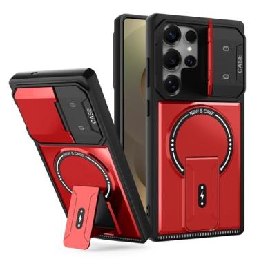 Imagem de Capa protetora com suporte para Samsung Galaxy S25/S25 Plus/S25 Ultra, proteção de grau militar, capa de lente deslizante legal, à prova de choque e compatível com carregamento sem fio (vermelho, S25