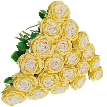 Imagem de ATFL Flores artificiais de rosas amarelas falsas a granel, diâmetro floral de 10 cm, 20 peças de flores de rosas de seda artificial com hastes para arranjos de casamento, decoração de mesa de festa em