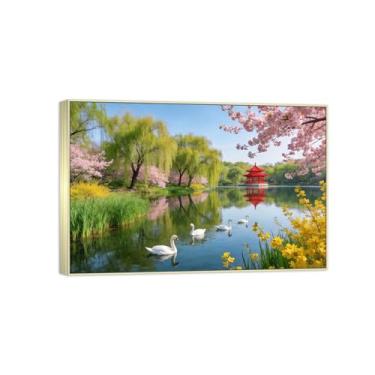 Imagem de Impressão em tela de paisagem pronta para pendurar - árvore lago animais - pintura de arte de parede - decoração de casa moderna imagem moldura prata 20 x 30 cm 8 x 12 pol