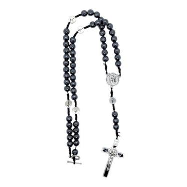 Imagem de Terço colar pescoço pedra hematita medalha fé grande 8 mm - ASA