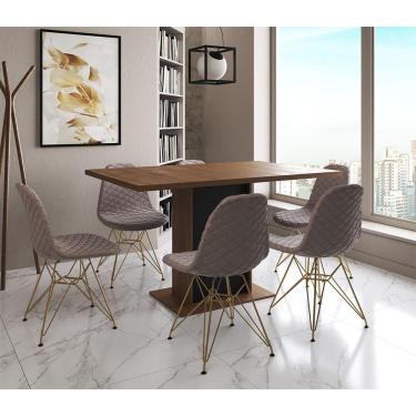 Imagem de Mesa Jantar Londres Retangular Amêndoa 137X90 Base Preta 6 Cadeiras Estofadas Nude Médio Base Dourad