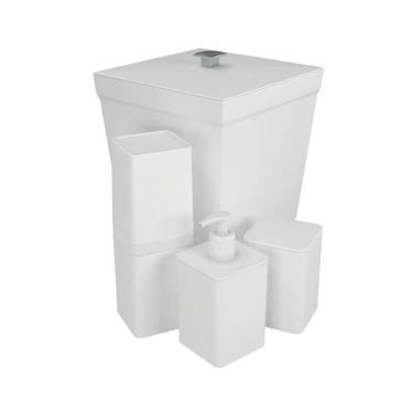 Imagem de Kit Banheiro 4 Peças Lixeira Dispenser Porta Escova E Porta Algodão - Stolf Branco
