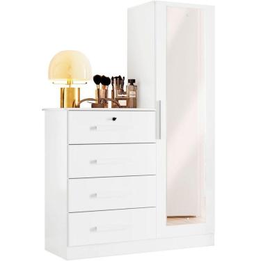 Imagem de Cômoda Guarda-roupa Caribe 4 Gavetas 1 Porta Com Espelho Branco
