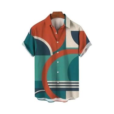 Imagem de Camisa Havaiana Geométrica Colorida Masculina Com Estampa 3D, Manga Cu
