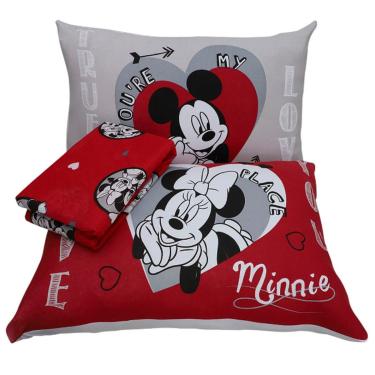 Imagem de Jogo de Cama Portallar Casal Malha Mista Estampado Disney Joy Mickey Minnie Lovers 3 Peças Vermelho