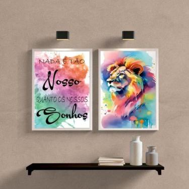 Imagem de Kit 2 Quadros Leão Aquarela 24x18cm - Vidro e Moldura Preta